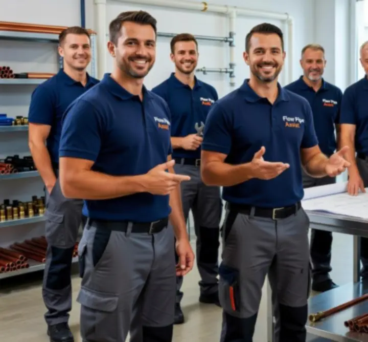 A Flow Pipe Assist vízvezeték-szerelő csapata közös csoportképen